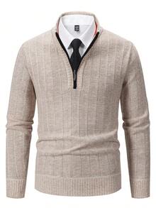 Men's Sweater Knitted Top Long-Sleeved Pullover Autumn And Winter Plus Velvet Thick Warm Sweater Zipper Half Cardigan No Hood Stand Collar Solid Color Home Clothes Casual Hiking Sports Wear - Màu be - Xem 2
