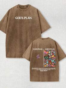 230g Double-Sided Water Wash, Your Plan Is God's Plan Printed T-Shirt, High-Quality Wax Printed Cotton Retro Fashion Brand T-Shirt, Men's T-Shirt, Beach Essential, Summer T-Shirt, Holiday Gift, Perfect Gift - Brown(咖啡色) - 查看 1