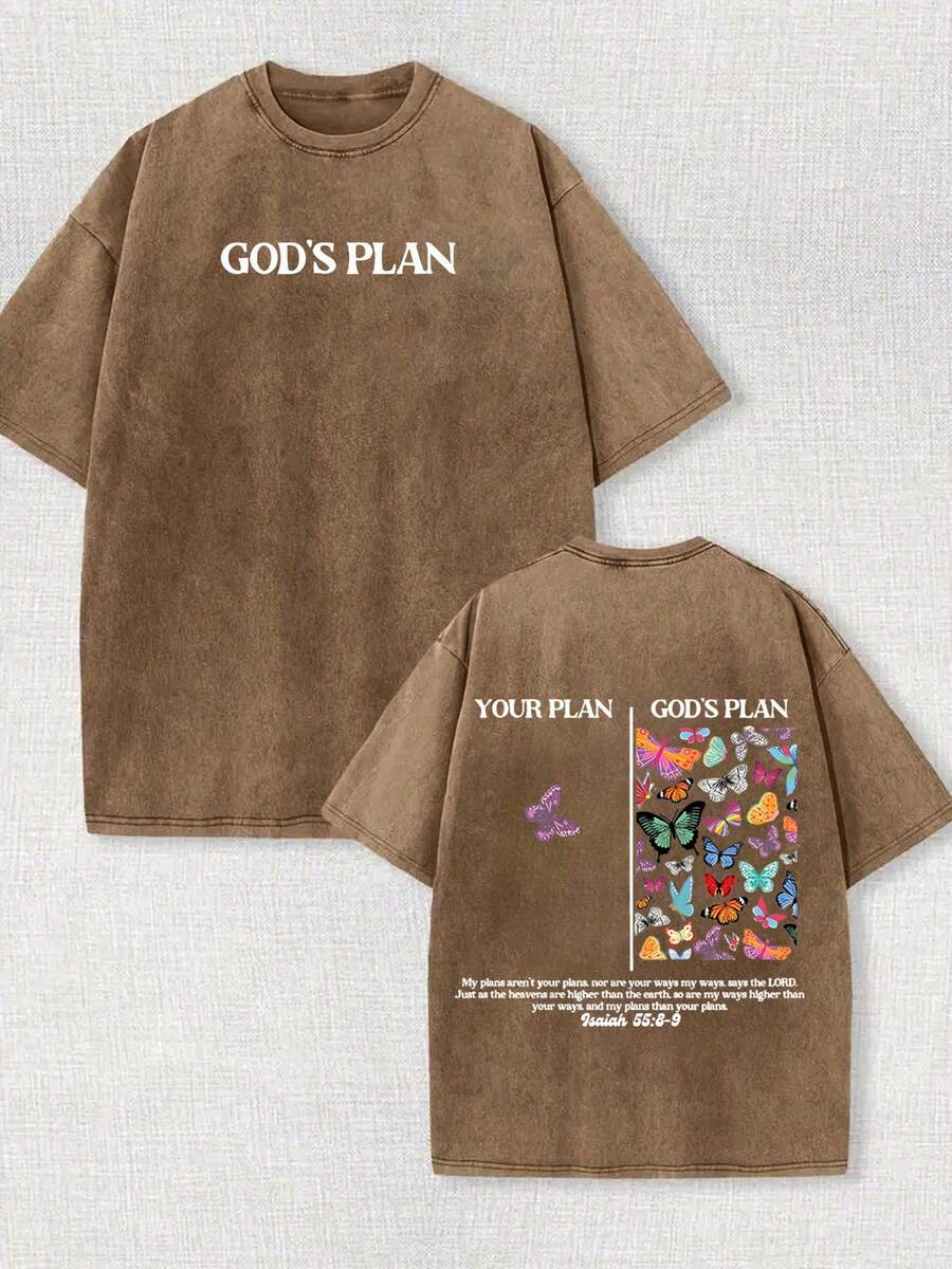 230g Double-Sided Water Wash, Your Plan Is God's Plan Printed T-Shirt, High-Quality Wax Printed Cotton Retro Fashion Brand T-Shirt, Men's T-Shirt, Beach Essential, Summer T-Shirt, Holiday Gift, Perfect Gift - Brown(咖啡色) - 查看 1