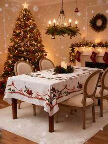 1pc Christmas Tablecloth, Bell & Christmas Tree Design, Waterproof Polyester Tableskirt, Tabletop Decor, Perfect For Christmas Party, Room, Kitchen, Home Decoration - Multicolor - View 7
