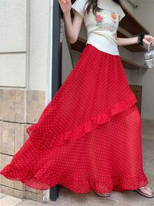 Ruffled Red Polka Dot Slit Beach Skirt, Pleated Floral Hem, Vacation Travel, Autumn 2025 New - Red - View 8