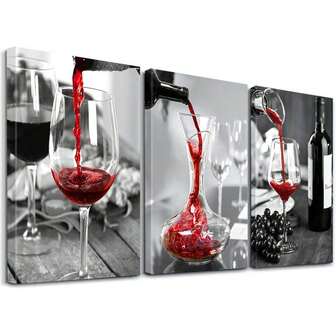 Juego de 3 piezas, impresiones de arte en lienzo de vino moderno, decoración de pared con tema de vino tinto y blanco y negro, carteles enmarcados contemporáneos, decoración para el hogar y exteriores, sala de estar, dormitorio, baño, cocina, paisaje artístico, marco de madera, orientación horizontal
