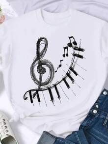 Watercolor Music Love  Short Sleeve Fashion Summer Women Print T Shirt Female Casual Top Tshirts Graphic Tee T-Shirt - 白色 - 查看 1