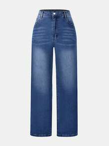 Calça jeans feminina plus size casual lavada com perna reta