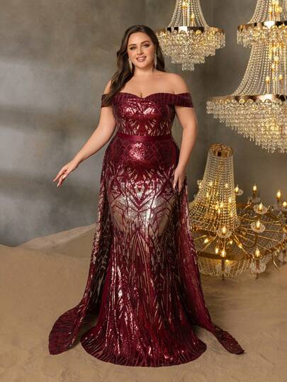 Style ​Plus Size Elegant Women's Off-Shoulder Formal Evening Gown With Crystal-Embellished Bodice, Fishtail Hem, And Body-Sculpting Silhouette For Black-Tie Galas, Red Carpet Events, Opera Nights, Award Ceremonies, Charity Balls New Year Outfit