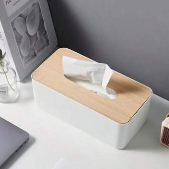 1pc Solid Color Bamboo Lid Tissue Box, Bamboo & Wood Lid Paper Box Tissue Holder, Square And Round Tissue Box, Wooden Storage Box, Home Decor For Dining Table, Disposable Paper Napkin Holder, Bamboo Rectangle Napkin Rack