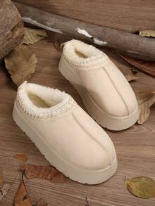 女士毛绒厚底拖鞋，秋冬新款人造保暖内衬套脚坡跟凉鞋，时尚百搭，蓬松拖鞋 - 米色 - 查看 3