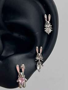 1 Pendiente de diamante rosa, pendiente colgante de conejo, zanahoria, gato y pez, pendiente de diamante de moda y temperamento femenino