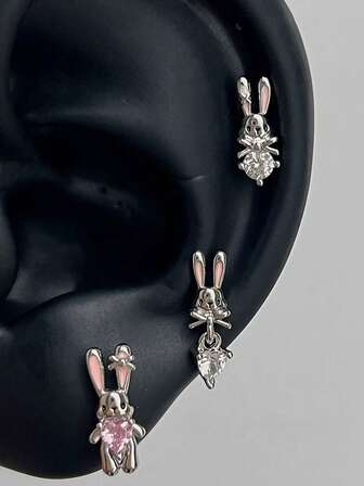 1 粉钻耳环，可爱兔子胡萝卜猫鱼耳环，挂钻时尚气质女款恶魔耳环