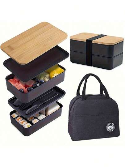 Conjunto de 2 lancheiras portáteis à prova de vazamentos com capa e bolsa térmica, bolsa grande e simples para armazenamento de alimentos, adequada para volta às aulas, faculdade, escritório, acampamento, piquenique, materiais de aprendizagem, organização e acessórios de cozinha, volta às aulas