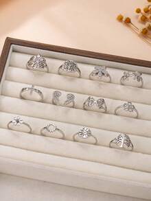3/6/12pcs Fashionable & Cute Life Tree, Flower, Angel Wing Multi-Element Ring Set, Suitable For Girl's Daily Wear (Random Style, Random Size, No Gift Box)