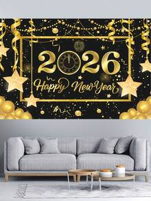 1件2026新年快乐派对背景布，星金图案涤纶背景布，2026新年庆祝派对装饰，家居装饰，房间装饰，墙饰，花园旗帜，新年悬挂装饰，新年礼物，2026新年装饰品 - 新年黑金D款 - 查看 10