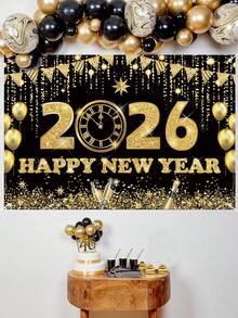 1pc 2026 Happy New Year Party Backdrop, Black & Gold Polyester Background Cloth, 2026 New Year Celebration Party Decor, Home Decor, Room Decor, Wall Hanging Banner, Garden Flag, New Year Hanging Decoration, New Year Gift, 2026 New Year Decoration - New Year Black Gold E - View 5