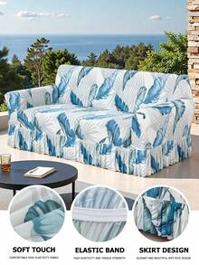 1pc Ruffled Stretch Sofa Cover, Soft & Comfortable, Printed Stretch Furniture Protector, Multiple Sizes Available - Blue - View 5