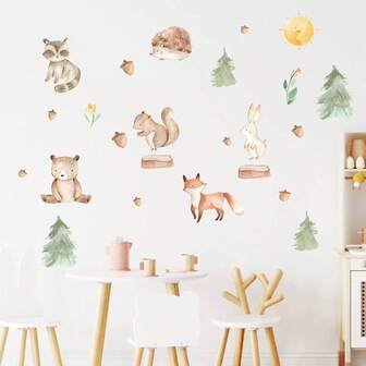 2pcs/Set Cartoon Watercolor Forest Animal Decorative Stickers, Self-Adhesive Waterproof Wall Stickers For Living Room, Kids Room, Nursery Decor Wall Decor Room Decor Home Decor