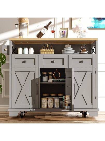 Sairedel Mobile Kitchen Isl Wheels Wood Grain 118x43 80x98 Cm, Grijs Multifunctional Storage Space, Removable Dividers Towel Rack Practical Dining Cart Cabinet