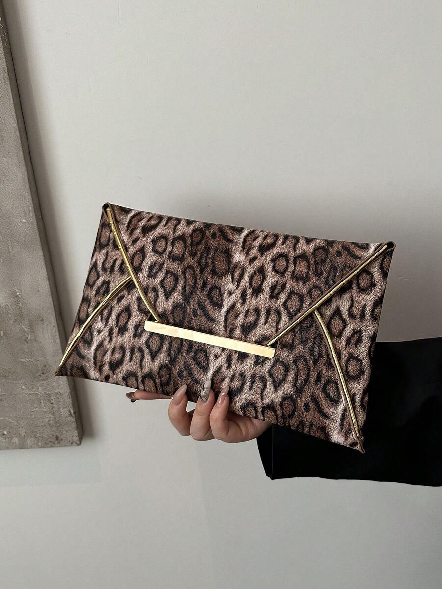 Leopard Print & Solid Color Sequin Decor Minimalist Casual PU Clutch Envelope Bag - Coffee - View 1