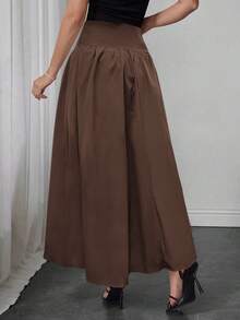 Elegant Women's A-Line Skirt, Suitable For Dates, Student Wear, Daily Travel, Versatile, Casual, Beach And Other Occasions. Elegant And Casual Women's A-Line Skirt, Solid Color, Waist-Shaping, Pleated Design, Woven Fabric, Available In Multiple Colors, Suitable For Outings And Can Also Be Worn As Loungewear. - Mocha Brown - View 2