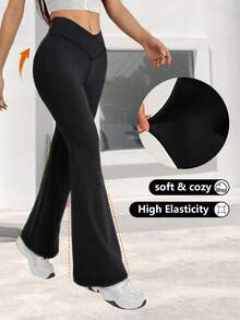 Women's Flare Pants, High Waist Elastic Polyester Yoga Pants, Vintage Criss-Cross Waist Wide Leg Pants, Solid Color Skinny Workout Leggings Suitable For All Seasons, Casual Slim Fit Flare Pants With Elastic Waist