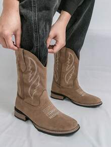 Botas vaqueras de cuero de alta caña para hombres, bordadas, estilo británico retro, estilo occidental vintage, botas de motocicleta de ante