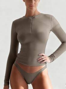 XLLAIS Women's Fashionable Zip Collar Solid Color Tight Fit T-Shirt, Stretchy Long Sleeve Casual Sports Top - Brown - View 5