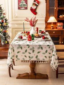 1pc Merry Christmas Rectangular Tablecloth, Green Pine Leaf & Pine Cone Print Pattern, Bamboo Texture, Washable, Suitable For Dining Table, Coffee Table, Nightstand, Cabinet Cover, Home Kitchen, Party, Christmas Decor, Holiday Gift, New Year Decoration - Green - View 4