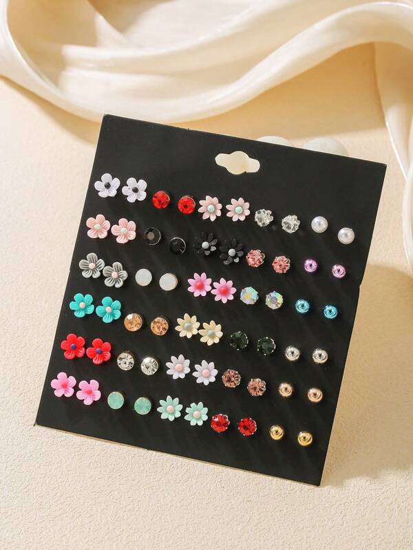 30 Pairs Flower & Rhinestone CCB Mixed Stud Earrings Set, Suitable For Gifts And Daily Wear, Teens