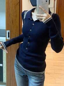 Blusa de lana con diseño de botones, cuello con muesca y dobladillo para mujeres, estilo coreano casual de calle y transporte, otoño Nora Noon Y2K