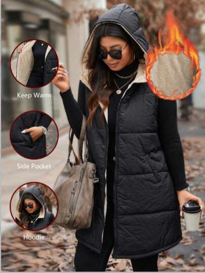 Plus Size Mid-Length Hooded Padded Vest Cardigan Jacket With Side Pockets, Warm Thermal Lined