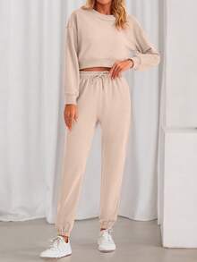 Women Fall 2 Piece Outfits Casual Long Sleeve Crop Top Drawstring Pant Jogger Suit Jumper Sportswear Sweatsuits Tracksuit Matching Set - Beige - View 5