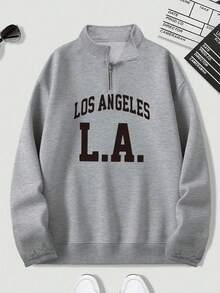 Plus Size Men's Los Angeles Letter Print Zip-Up Casual Sweatshirt, Loose Fit Long Sleeve, Autumn/Winter