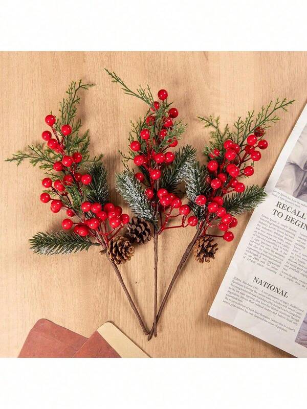 1/3/5 pièces Bouquets de fleurs artificielles en mousse de houx, aiguilles de pin de Noël de 41 cm. Décorations de salle, décorations d'automne, bouquets de fruits rouges de Noël, plantes artificielles pour centres de table, décorations d'automne, vases de mariage pour la maison, la salle à manger, la chambre à coucher, accessoires de fête d'anniversaire, décorations de jardin extérieur, décoration de chambre, décoration de Noël, décoration d'automne, décoration d'Halloween