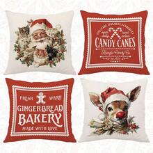 MEMNUN 4 Stück Weihnachts-Vintage-Muster mit Weihnachtsmann, Rentier, Katze auf Polyester Kissenbezügen [ohne Kissenfüllung], 45 x 45 cm, [einseitiger Muster] Frohe Weihnachten Kissenbezüge für Sofa, Bett, Wohnzimmer, Schlafzimmer, Auto, Büro, Hotel Dekoration, Weihnachtsgeschenke für Familie und Freunde