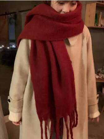 1 pièce Écharpe de couleur unie, cou chaud d'hiver, châle épais tricoté en laine épaisse avec franges, écharpe d'hiver pour robe