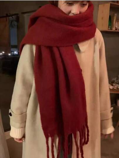 1pc Solid Color Scarf, Winter Warm Neck, Thickened Wool Knitted Thick Fringed Shawl, Winter Scarf