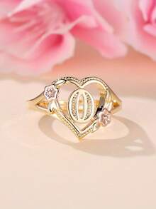 Tsnamer 1枚精美立方氧化锆金色字母心形戒指，26个字母A-Z可定制姓名花朵图案，可调节开口手镯式戒指，适合女性和女孩日常佩戴，生日珠宝礼物 - 金黃色花朵 - 查看 15