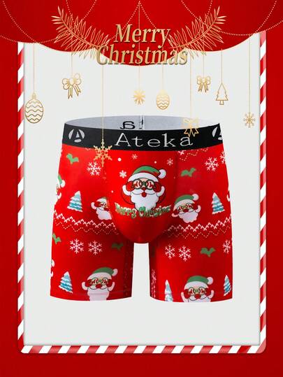 1pc Men's Christmas Santa Claus Digital Print Boxer Briefs - Christmas Themed Cartoon Print, Jacquard Elastic Waistband, Comfortable Daily Wear, Funny Print, Quality Knit Fabric, Casual & Comfortable