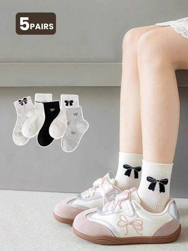 5 Pairs Kids Breathable Mesh Bow Mid-Calf Socks