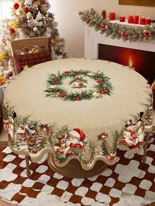 1pc Christmas Tablecloth, Vintage Santa Claus Snowman Winter Village, Polyester Tablecloth, Round/Rectangular, Christmas Party Home Kitchen Dining Table Decor, Christmas Gift - Multicolor - View 7
