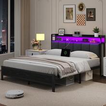 LED Bed Frame With Storage Headboard, Upholstered Bed Frame With Charging Station, Metal Platform Bed Frame With Heavy Duty Metal Slats, No Box Spring Needed, Easy Assembly, Black/ White/ Beige - 黑色 - 查看 11