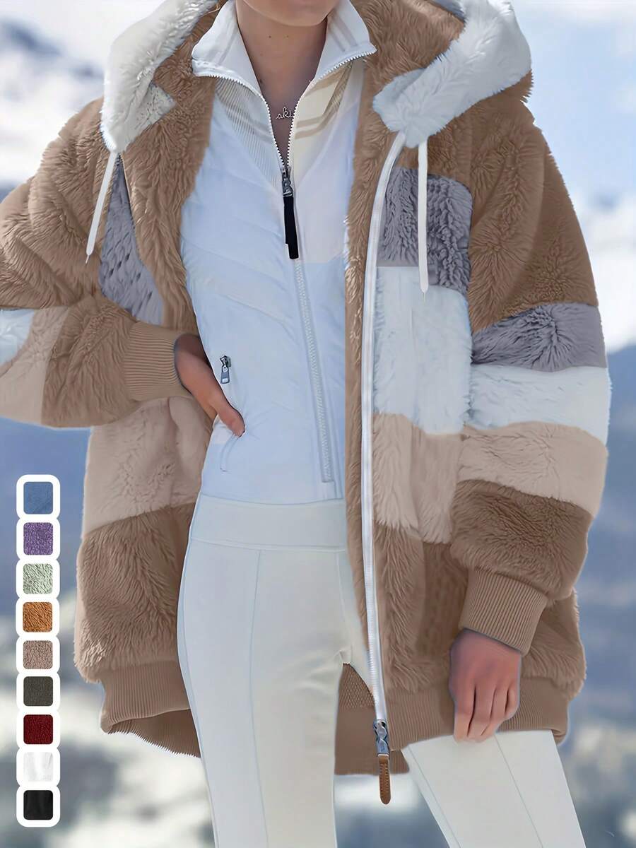 2026 Early Spring Curated Collection Plus Size - Women'S Plus Size Colorful Patchwork Hooded Jacket - Cozy Fleece-Lined Winter Coat With Drawstring, Casual Style, White & Blue, Beige & Blue, Cream & Blue, White & Cream, Winter Outerwear | Casual Style Jacket | Fleece Lined Jacket Colorblock Hooded Oversized Jacket For Women, Autumn/Winter This Retro Color-Block Faux Fur Hooded Jacket Is Your Cold-Weather "Joy Trigger"-The Second You Wrap Into It, Your Fingers Sink Into (Fluff) That Feels Like A Sun-Warmed Blanket: Soft, Plush, And Warm Enough To Lock Out Drafts, But Light Enough That You Can Reach For  Dig For Keys Without Feeling Bulky. - 卡其色 - 查看 1