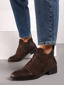 Classic Lace-Up Flat Ankle Boots - Women's Casual Winter Boots - Brown - View 2
