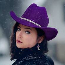 Cowboy Hat Cowgirl Boots Earrings Set Western Earring Felt Fedora Jazz Hat Rodeo Outfit Women Size - Màu tím - Xem 4