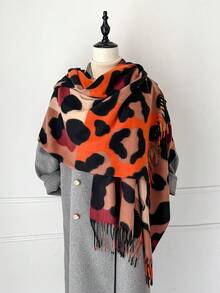 1 pieza Nuevo estilo de imitación de cachemira Chal grande con estampado de leopardo colorido y cálido, chal/manta versátil y de moda con flecos cortos para mujer, perfecto para viajar, fiestas, salas con aire acondicionado y regalo familiar para vestir en otoño e invierno - Estampado de leopardo colorido - Ver 13