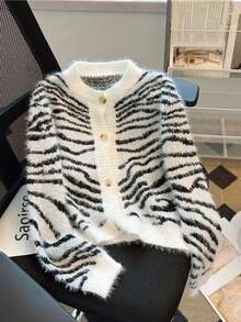 Soft Faux Mink Zebra Print Women Casual Sweater, Tiger & Zebra Striped Ribbed Button Front Fuzzy Pullover For Home, Beach, Holiday, Halloween, Christmas, Valentine's Day, Spring/Autumn, Autumn/Winter