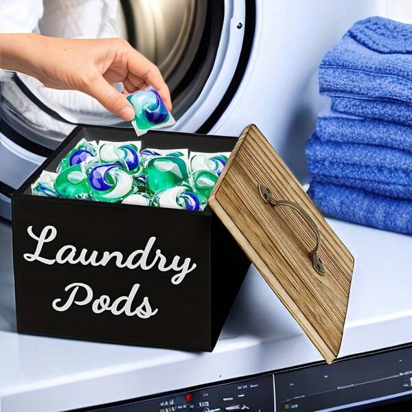 1pc Elegant Wooden Laundry Pods Holder, Laundry Pods Container & Laundry Room Organization, Dishwasher Pod Holder For Laundry Pods, Fabric Softener, & Dryer Sheets, Farmhouse Style Decor