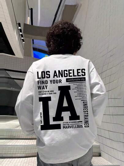 Teen Boys Cartoon Los Angeles Slogan Print Long Sleeve T-Shirt Loose Crew Neck T-Shirt Autumn/Winter Top Casual Sports Y2K Clothing