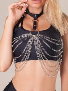 1 pièce Harnais chaîne de corps Lingerie sexy Femmes Soutien-gorge chaîne sexy en PU Haut harnais cage pour femmes Cosplay - Noir - Voir 3