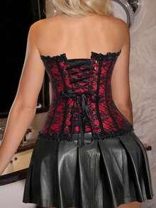 Victorian Corset Top Womens Bustier Gothic Lingerie For Halloween Costume Brocade Corsets Floral With Lace Trim Corset Overbust Waist Cincher With Boning Snatched Waist Tummy Control - Ren-Đỏ & Đen - Xem 3