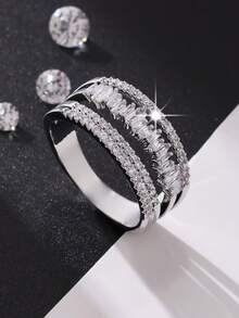 1pc Luxury Elegant Sparkling Wide Band Cubic Zirconia Ring, Suitable For Mother's Day, Birthday, Party, Wedding, Engagement, Holiday Surprise